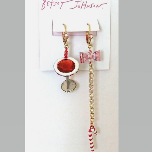 Betsey Johnson Christmas Peppermint Martini Candy Cane Drop Earrings NWT - Picture 1 of 8